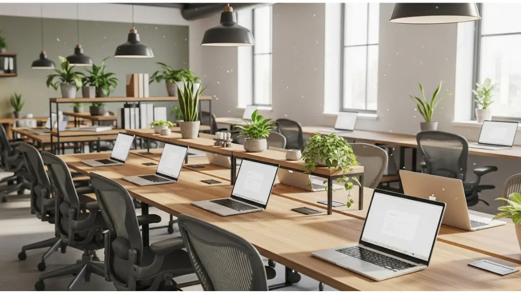 Modern office workspace with desks and laptops ready for professional commercial cleaning services.